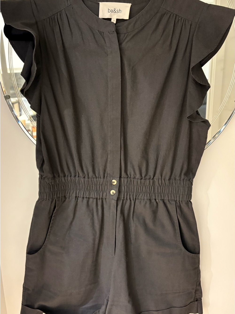 Ba&sh one piece jumpsuit/shorts, elastic smocked waist, side pockets,